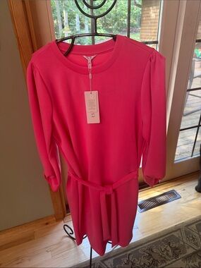 Esqualo Hot Pink Belted Knit Long Slv 3/4 Looped Sz M Dress